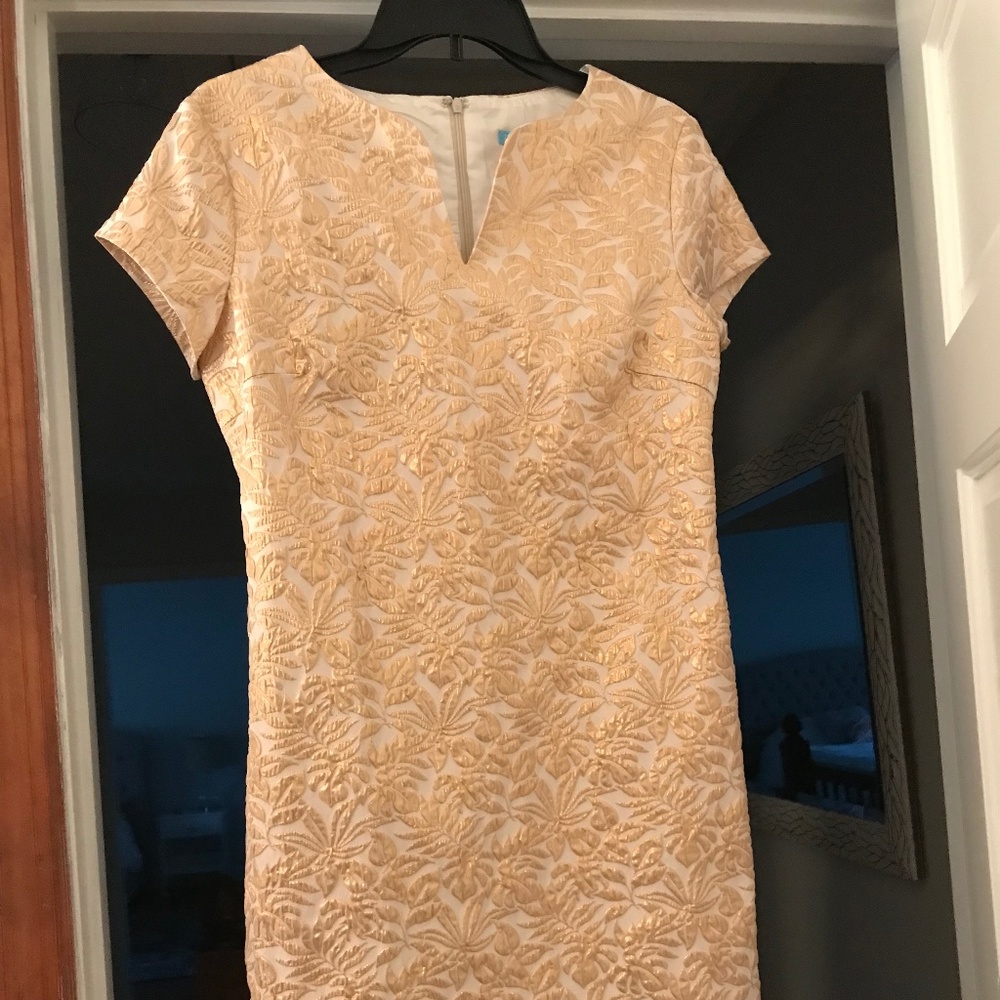 J.McLaughlin Ariana Dress Champagne Metallic Palm Leaf Dress